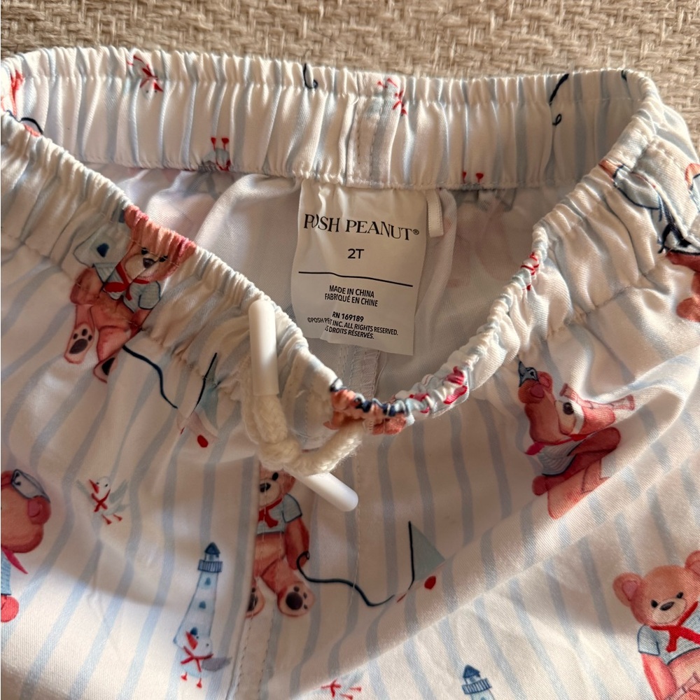 Posh Peanut White & Light Blue Teddy Bear Drawstring Shorts - Picture 2 of 2